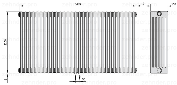 Схема (чертеж) Радиатор Zehnder Charleston 6220/30 №3470 Белый глянцевый RAL 9016